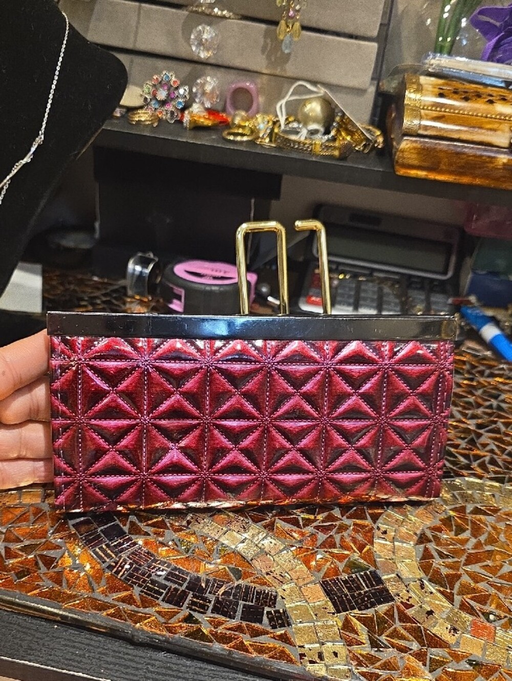 Jimmy Choo Metallic Burgundy Quilted Frame Clutch - Picture 2 of 11